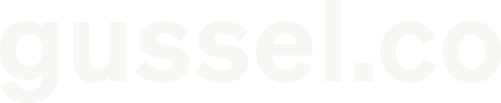 White lowercase gussel.co as the wordmark logo as well as the name of the website for digital identity